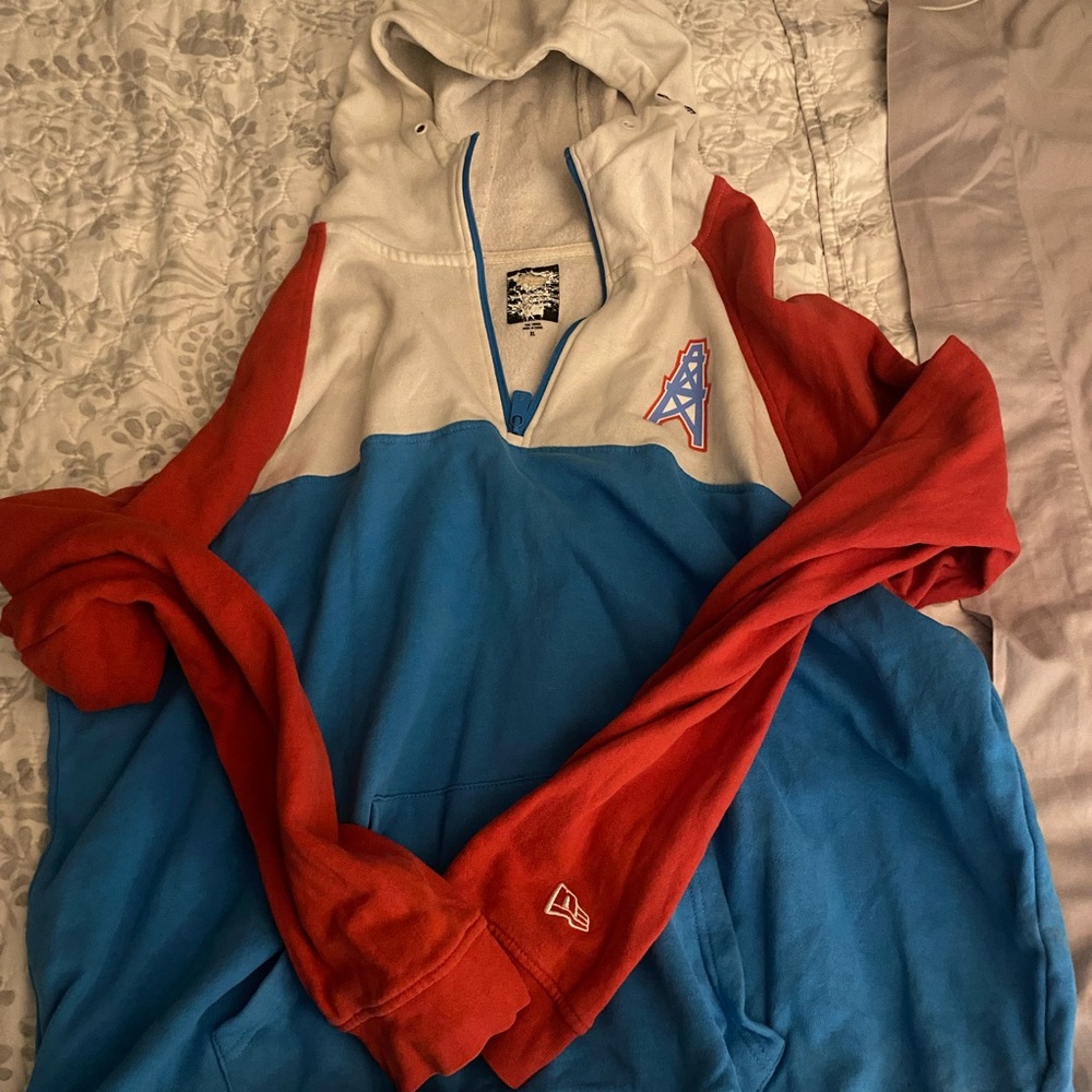 Red and Blue Hoodie with Logo
